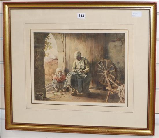 George Conrad Roller (1858-1941), interior scene with peasant woman, child and spinning wheel, watercolour, 28 x 37cm